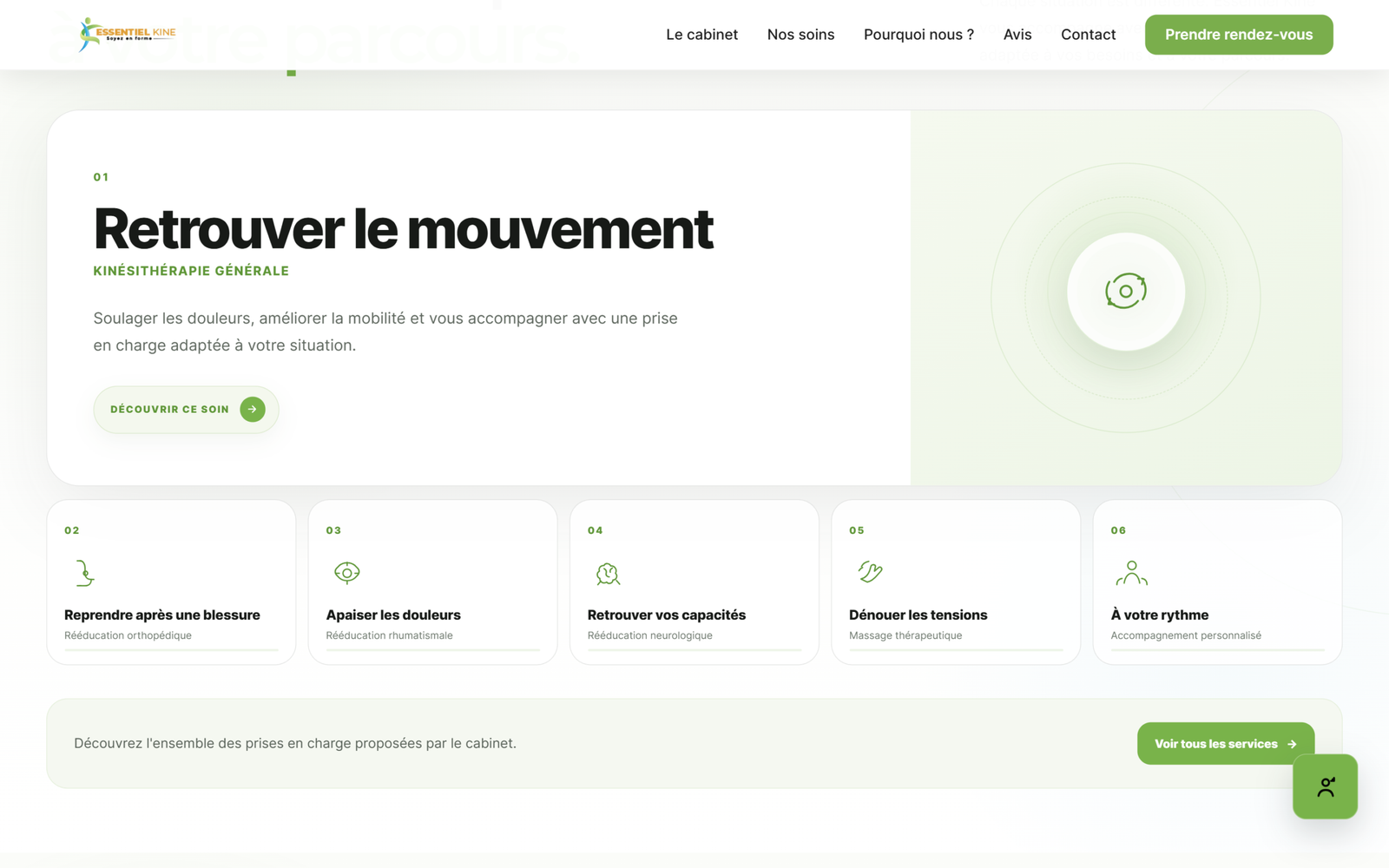 Aperçu Desktop de la plateforme Essentiel Kiné — Services du cabinet
