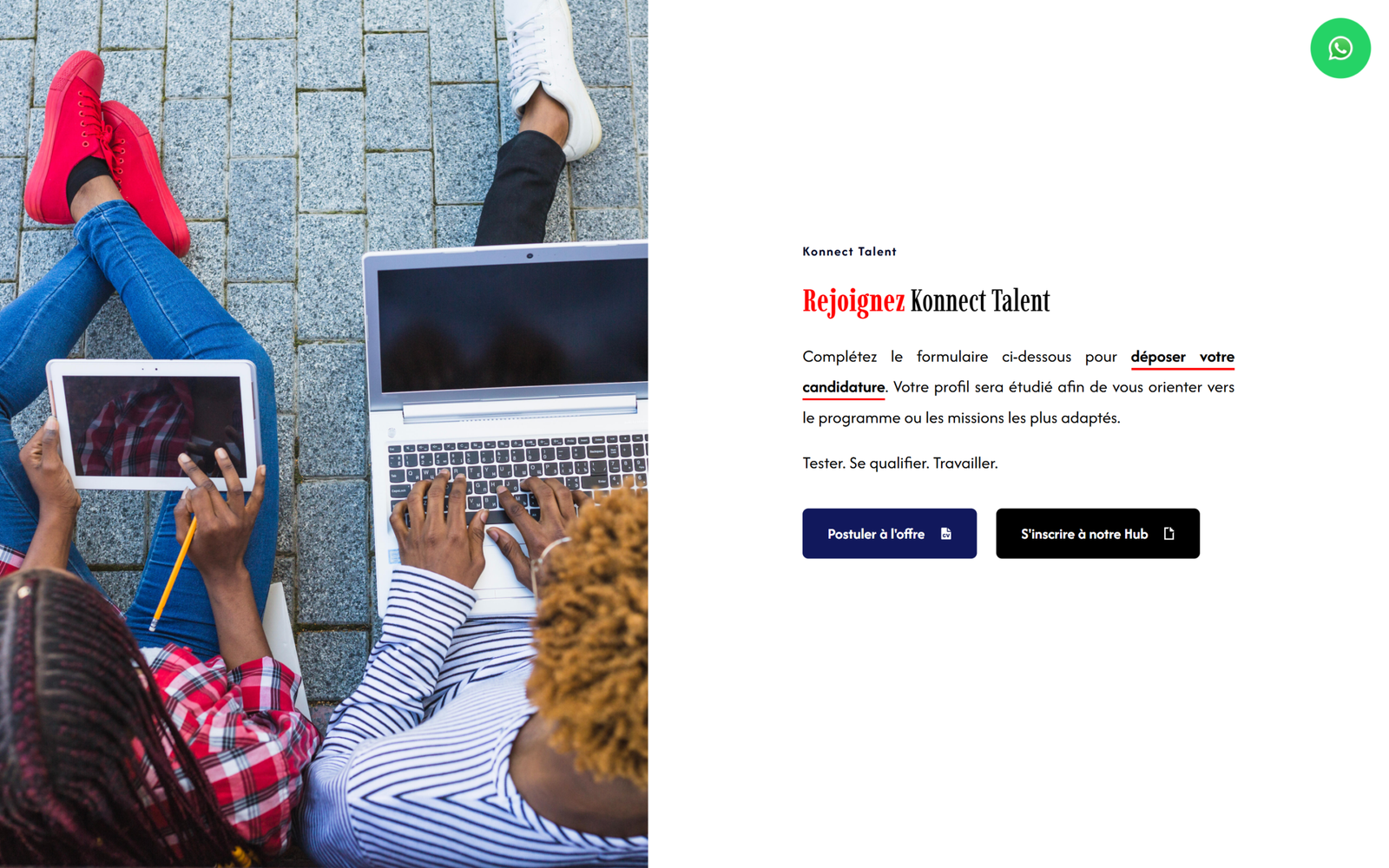 Aperçu de la landing page Konnect Talent dédiée aux candidatures et aux opportunités professionnelles