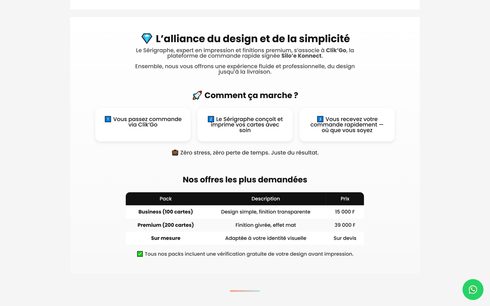 Aperçu de la landing page Le Sérigraphe présentant les offres de cartes de visite