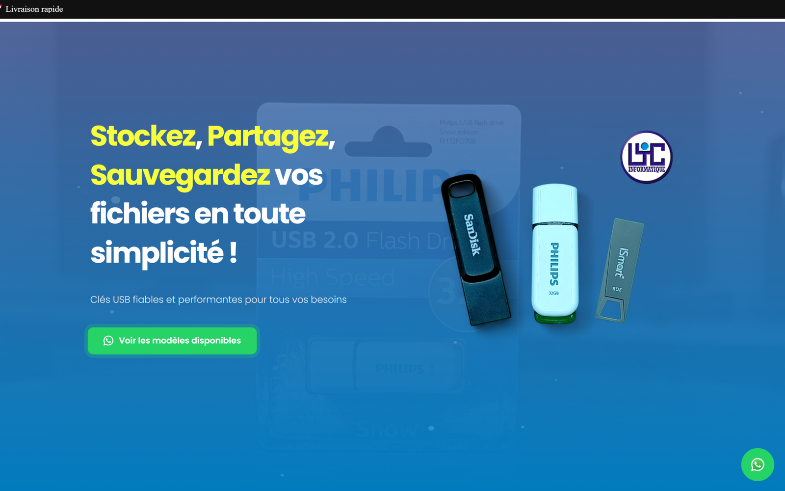 Aperçu de la landing page LYC Informatique présentant une offre de clés USB